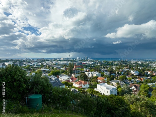 View of Newmarket and downtown Auckland from Mt Hobson. Storm clouds are in the distance Auckland, New Zealand.