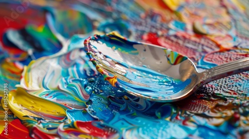 A spoon is dipped into a colorful paint, creating a swirl of colors