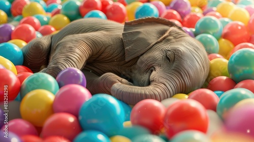 An adorable baby elephant sleeping in a ball pit realistic