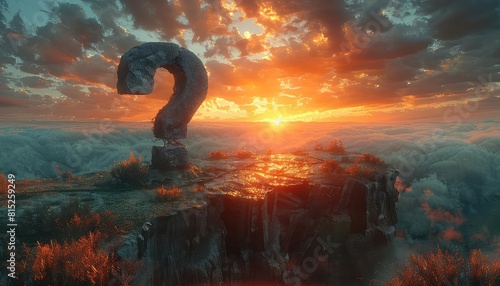 Giant question mark and answer key bridging across a canyon, problemsolving metaphor, sunset, panoramic view