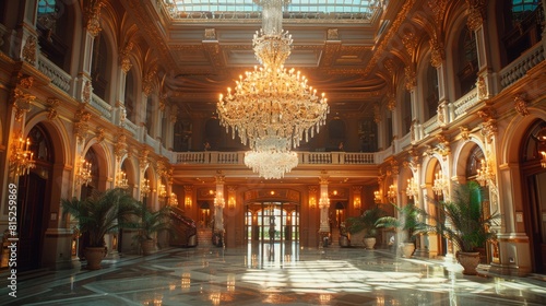 luxurious chandelier display, a stunning crystal chandelier hangs in the lobbys center, illuminating the ornate decor with a warm and welcoming light from the high ceiling