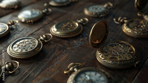 Antique pocket watches opened to show delicate inner workings, surface of a dark oak table, dramatic side lighting to capture texture and intricacy realistic