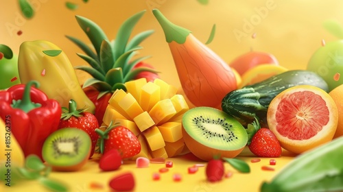 Assorted fresh ripe fruits and vegetables. Food concept background. realistic