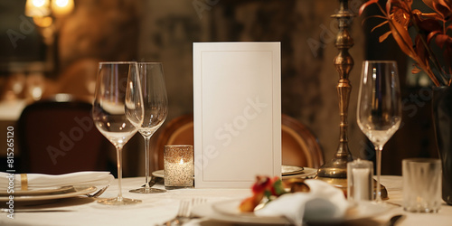 fine dining table setting of luxury fancy restaurant menu invitation card mockup for weddings and romantic eating event decoration as wide banner with empty black copy space