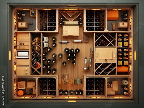 Luxury vintage wine cellar flat design top view rare collections theme 3D render Splitcomplementary color scheme