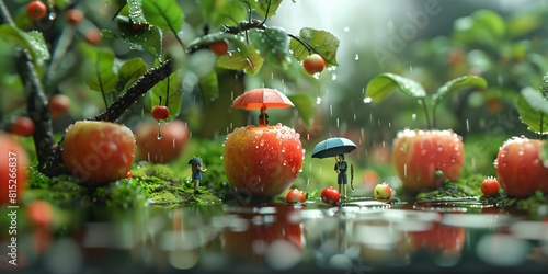 apple in the middle of the picture, ome people are holding umbrellas next to apples, Lush scenery, spring, rain