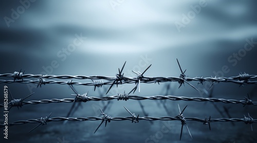 Simple yet powerful display of new, shiny barbed wire on a plain background, focusing solely on the wires cold, unyielding form.
