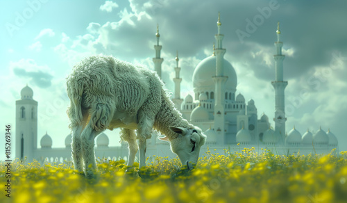 A sheep that is eating grass in front of a white mosque. Eid Al-Adha concept. Kurban concept. Generative AI