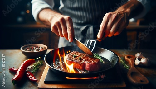 A steak on hot pan by a chef. Displaying the process of making a delicious steak.