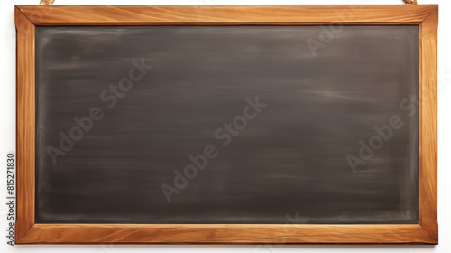 Empty Chalkboard with Wooden Frame Hanging on White Wall