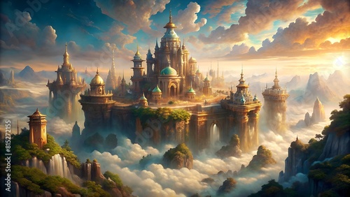 a castle in the sky is surrounded by clouds.