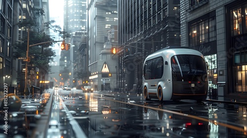 High fidelity image capturing a modern self-driving van moving along a rain-soaked street amidst towering city buildings