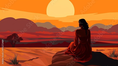 The image shows a lonely woman in a red dress sitting on a rock in the middle of a vast desert watching the sunset.