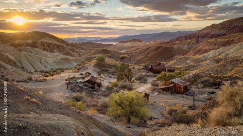 Sunset view of Calico Ghost Town, a silver mining town founded in 1881 in California's Mojave Desert.