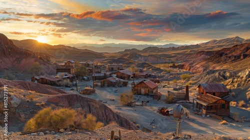 Sunset view of Calico Ghost Town, a silver mining town founded in 1881 in California's Mojave Desert.