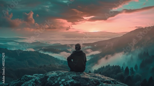 Man sitting on top of a mountain and looking at the misty valley