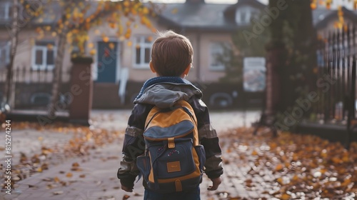 Little boy walking back to school from behind