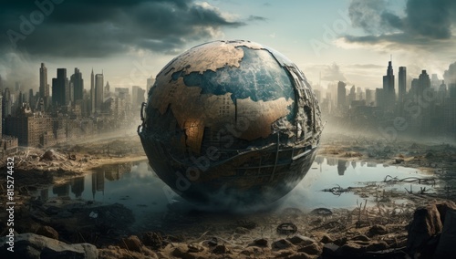 An earth globe is sitting in the ruins of a destroyed city,.