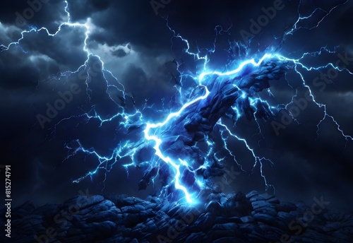 Bright electric blue lightning, dynamic crackling energy on a dark background, high-definition, 4k, vibrant, detailed shockwaves, generative AI
