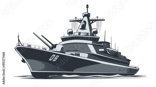 Naval ship flat design, front view, ship theme, cartoon drawing, black and white