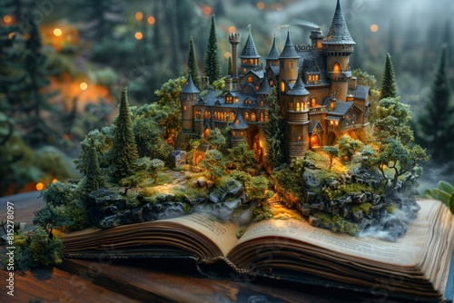 Set upon a wooden table, an open fantasy novel is surrounded by miniature castles tucked amidst a backdrop of verdant leaves and forest trees.