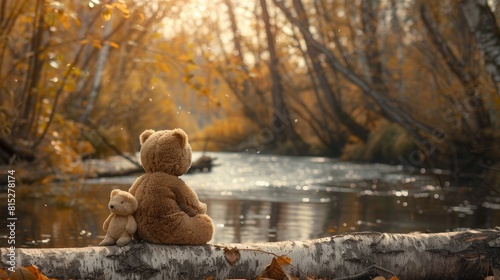 A solitary brown teddy bear embraces a soft toy bunny while perched on a fallen birch tree by a peaceful river on a crisp autumn day seen from behind