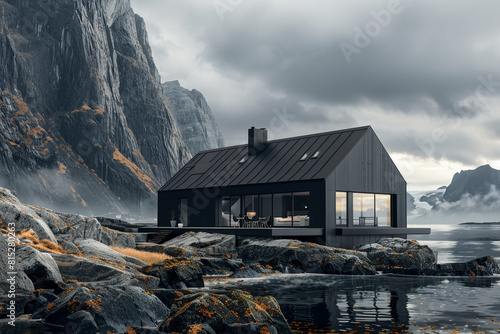 A matte black modernist house on the rocky shores of the Norwegian fjords, with stark, dramatic cliffs rising from the sea.