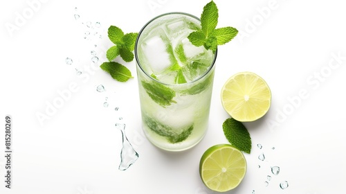 Mojito cocktail alcohol bar long drink traditional fresh tropical beverage top view copy space on white background