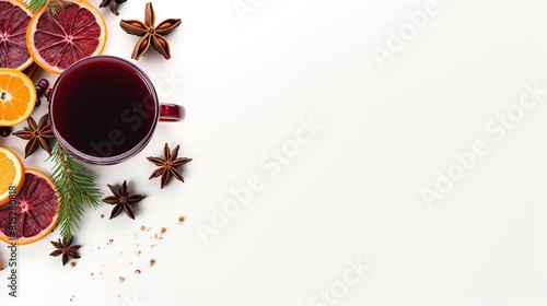 Glass of hot mulled wine with spices isolated on white background. Top view