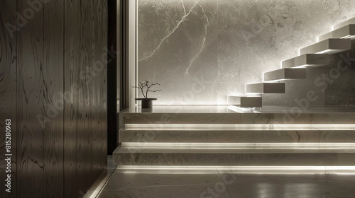 Contemporary Home Interior, Concrete Steps and Backlit Panels