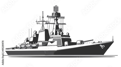 Naval ship flat design, front view, ship theme, cartoon drawing, black and white