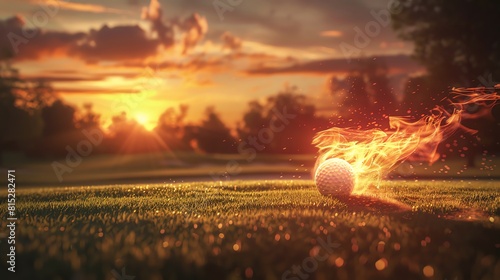 Flaming golf ball at sunset on golf course.