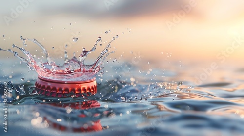 Red bottle cap floating in water with a sunset in the background.