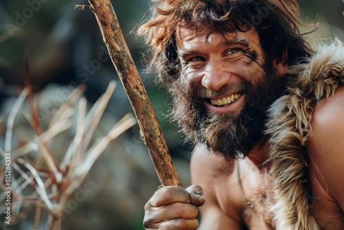 primitive caveman holding rudimentary wooden stick neanderthal man in fur loincloth prehistoric human evolution concept