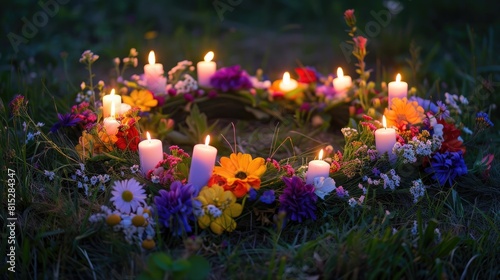 A vibrant flower wreath adorned with flickering candles sits gracefully on the evening meadow serving as a potent symbol of Summer Solstice Day Midsummer and the Litha sabbat This tradition