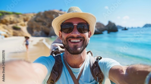 Happy man backpacker traveler take a selfie photo on amazing ocean coast
