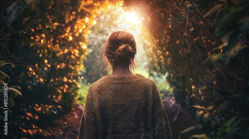 A young woman clad in a cozy sweater strolls solo through a tunnel of trees her gaze fixed on the glow of white light beckoning her ahead With a heartfelt prayer on her lips she calls upon 