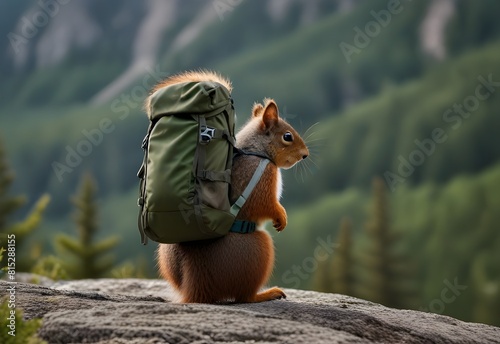 squirrel with a backpack hiking up a mountain, generative AI