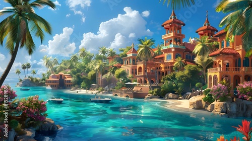 beautiful amazing utopian Idyllic tropical island paradise seaside resort, vibrant