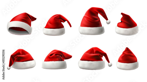 Big set of realistic Santa Hats isolated. Santa on transparent background. New year symbol, winter render caps pithy vector elements. Santa Hats concept.