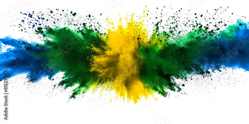 colorful brazilian flag green yellow blue color holi paint powder explosion on isolated white background. brazil rio de janeiro carnival qatar and celebration soccer fans travel tourism concept