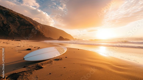 Surfboard on sandy beach at sunrise with cliffs in background