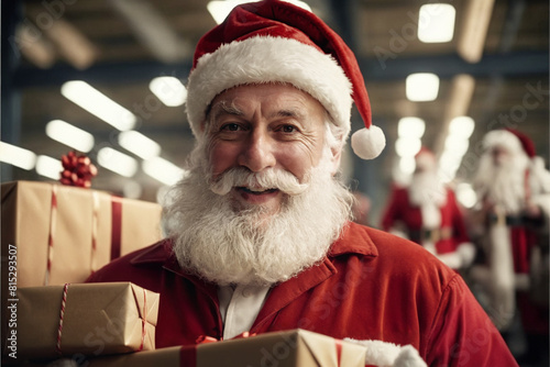 Santa Claus in logistics center, other Santa Clauses, packing Christmas presents, preparing postal packages, brown wrapping paper, red bow, happily working