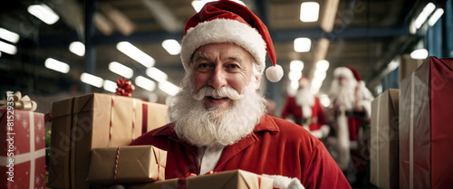 Santa Claus in logistics center, other Santa Clauses, packing Christmas presents, preparing postal packages, brown wrapping paper, red bow, happily working