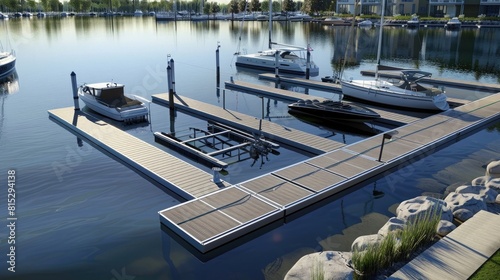 Modern pontoon floating dock in a small marina.