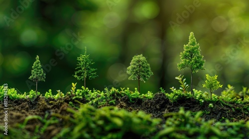 Various small trees of different sizes sprouting against a lush green backdrop symbolize the importance of environmental stewardship coinciding with World Environment Day
