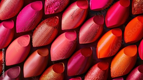 Array of vibrant lipstick shades arranged in a captivating display, inviting exploration of bold beauty. 