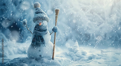 photo of a happy smiling snowman with a scarf and hat standing in the white winter landscape, holding a broom during a blizzard with heavy snowfall, soft blue color palette, beautiful light.