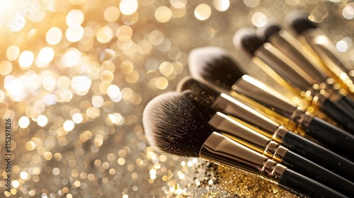 Glamorous makeup brushes elegantly displayed against a backdrop of sparkling gold accents, elevating the art of application. 