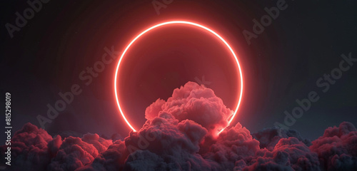3D round frame highlighting an abstract cloud with a bright coral neon ring against a dark sky.